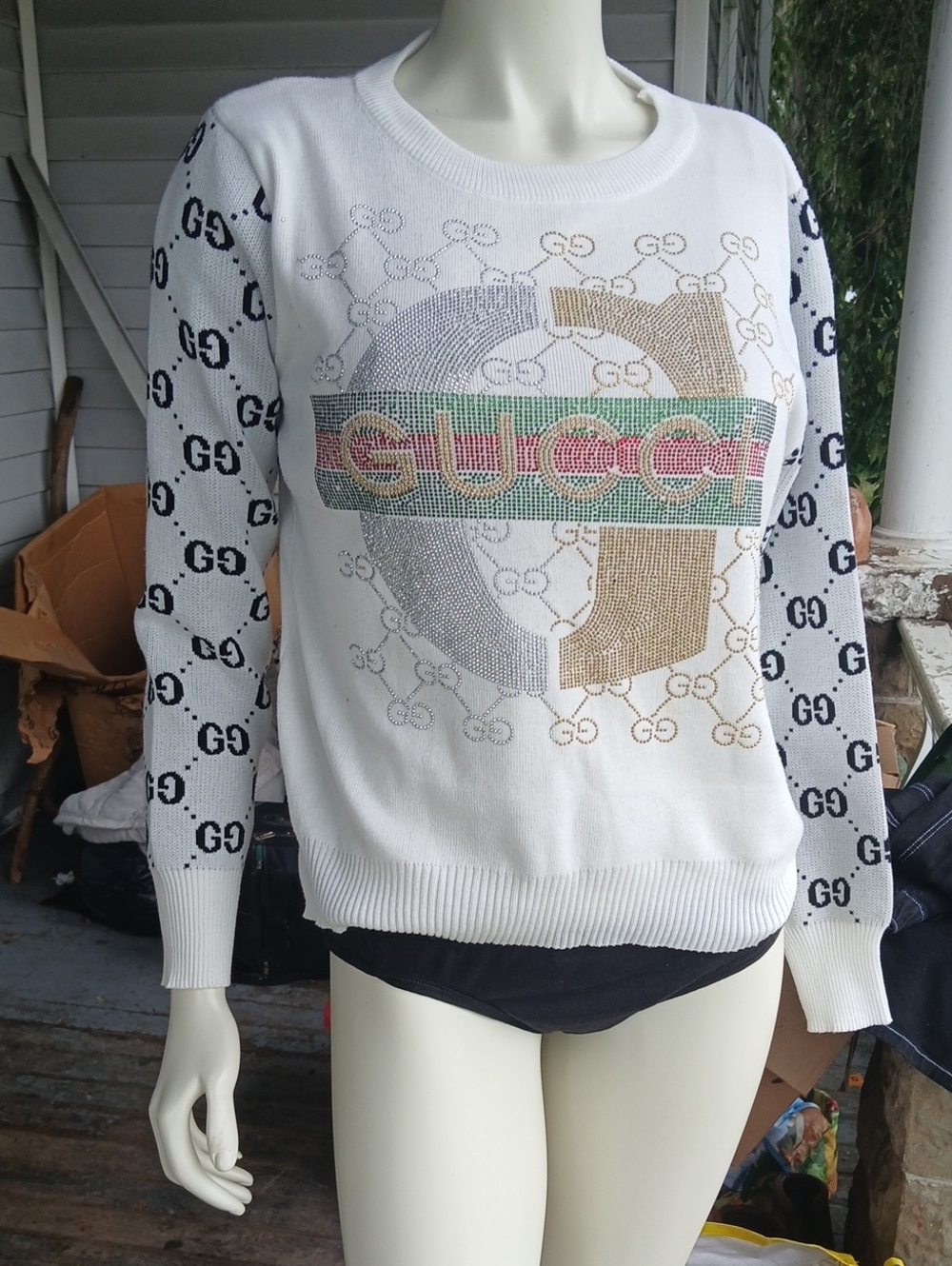 Gucci Graphic Sweater Gold Silver Red Green Embellishments